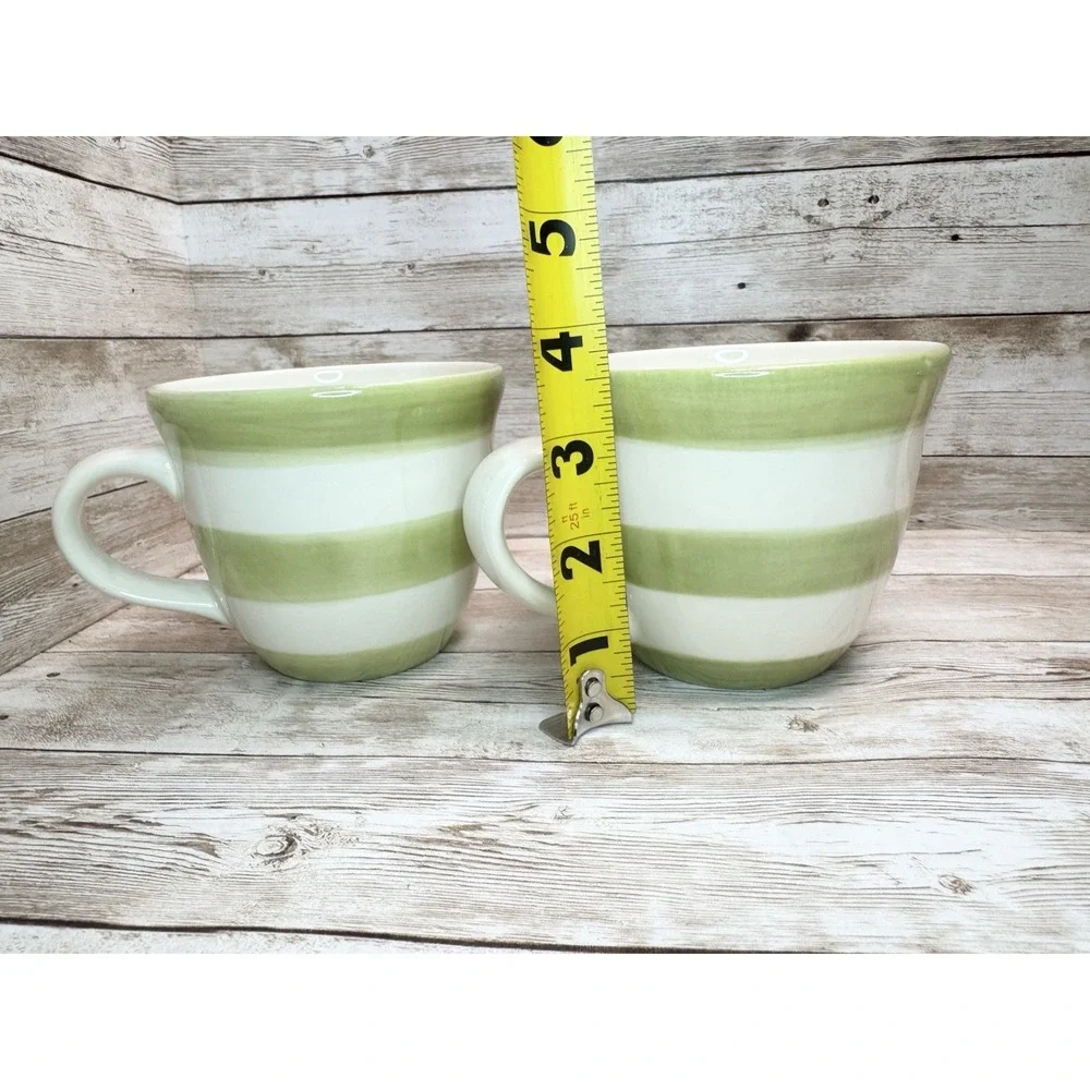 Crate & Barrel White Stripe Sage Green Mugs Set of 2 Barbara Eigen VTG Portugal